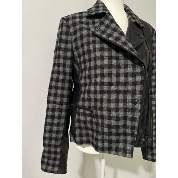 Akris punto Mixed tweed moto jacket gingham vegan leather 8 - Picture 11 of 15